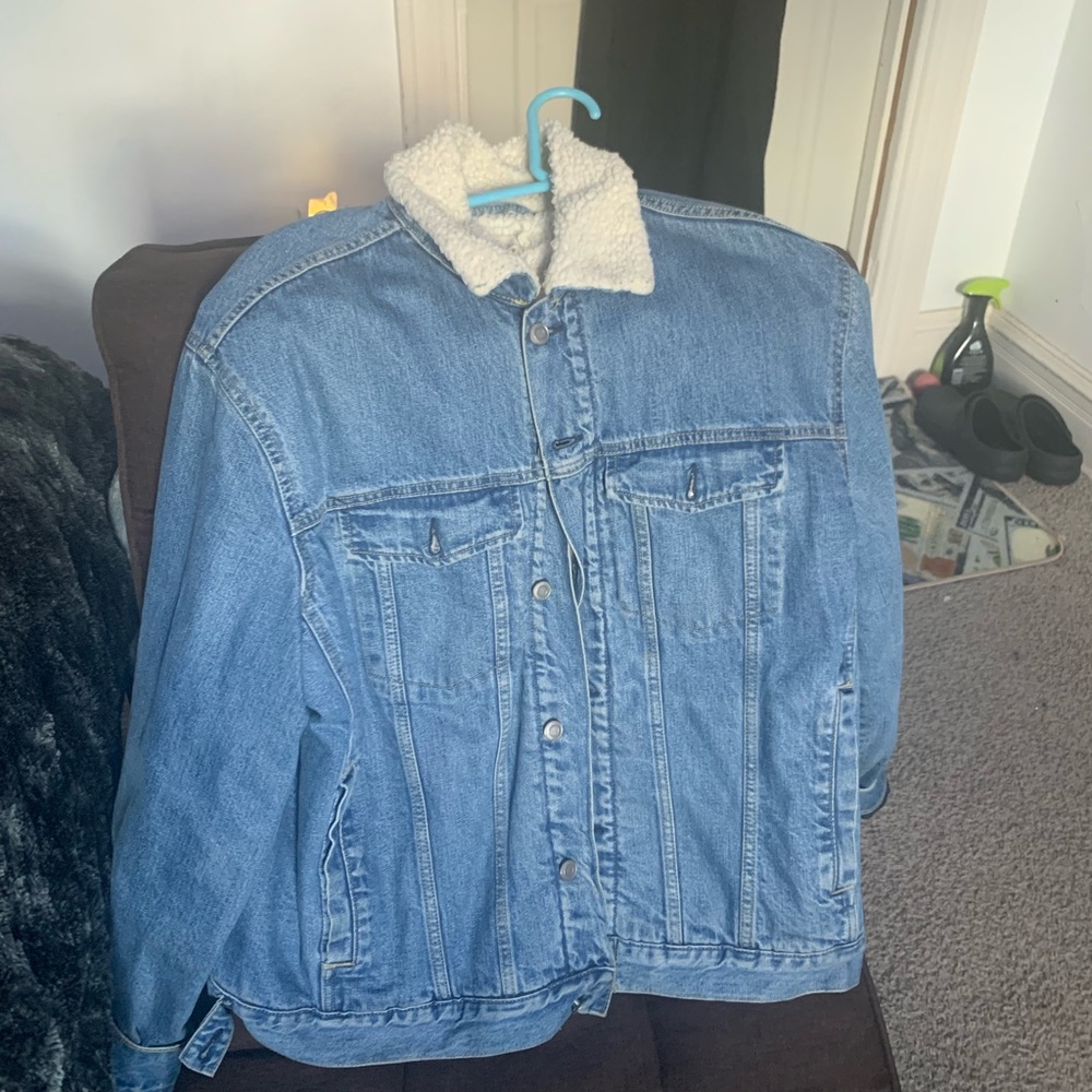 Baby Blue Lined Denim Jacket Faux-Fur Trimmed